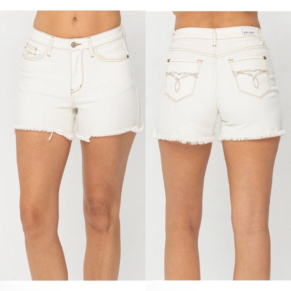 Judy Blue Shorts Womens 3XL White Rainbow Stitch Denim Distressed Raw Hem New